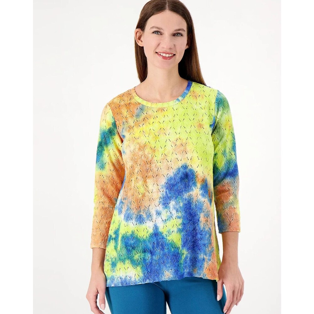 LOGO QVC Knit Eyelet Tie-Dye Top Wild Lime Size M 3/4 Sleeve Stretchy Tee - New